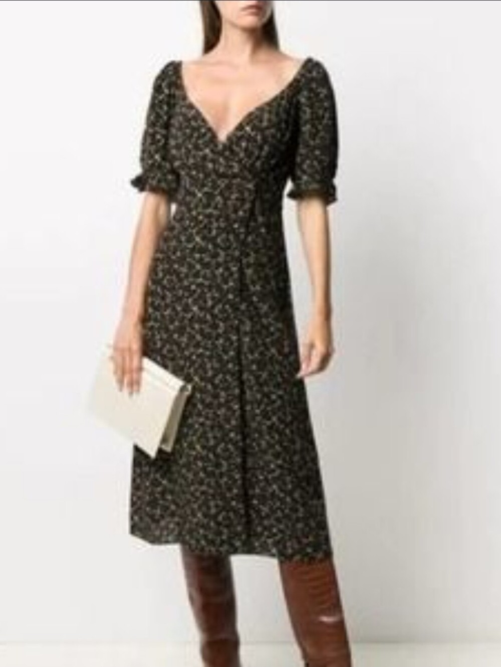 Ba&sh Black Floral Midi Dress with V-Neck